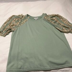 Current Air Green Puff Sleeve Blouse with Smocked Ruffles